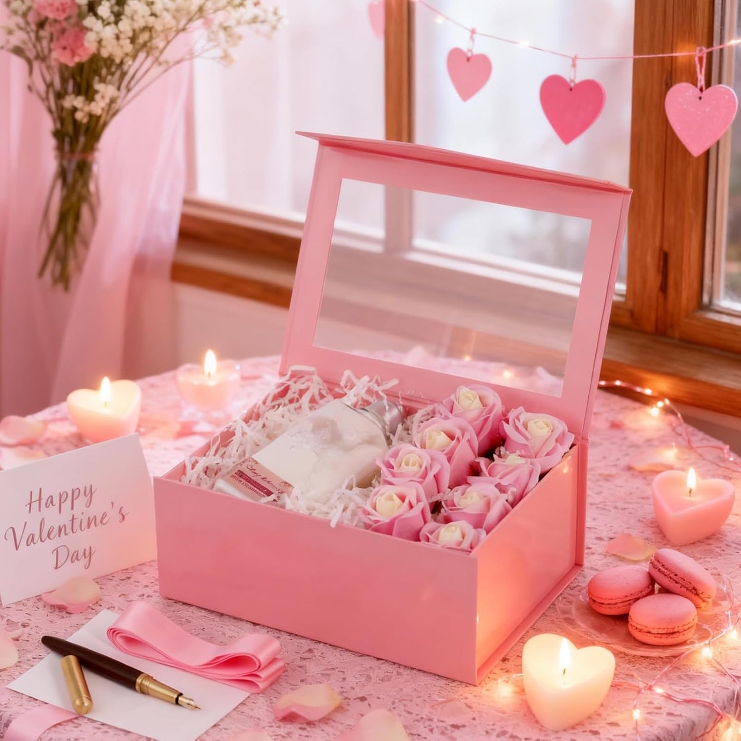 Pink Gift Box with Window, 9x6.5x3.8 Inches, Clear Gift Box for Present Contains Ribbon, Card, Bridesmaid Proposal Box with Magnetic Lid (Glossy Pink)