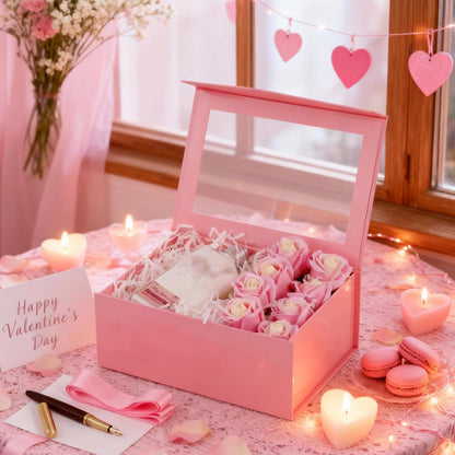 Pink Gift Box with Window, 9x6.5x3.8 Inches, Clear Gift Box for Present Contains Ribbon, Card, Bridesmaid Proposal Box with Magnetic Lid (Glossy Pink)