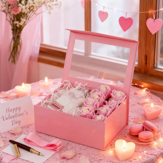 Pink Gift Box with Window, 9x6.5x3.8 Inches, Clear Gift Box for Present Contains Ribbon, Card, Bridesmaid Proposal Box with Magnetic Lid (Glossy Pink)