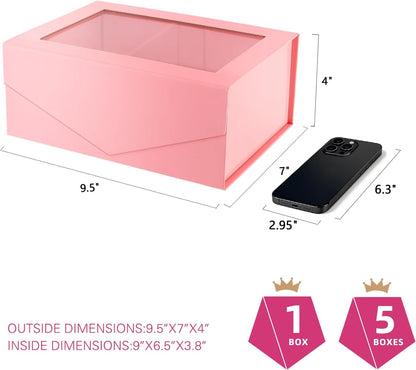 Pink Gift Box with Window, 9x6.5x3.8 Inches, Clear Gift Box for Present Contains Ribbon, Card, Bridesmaid Proposal Box with Magnetic Lid (Glossy Pink)