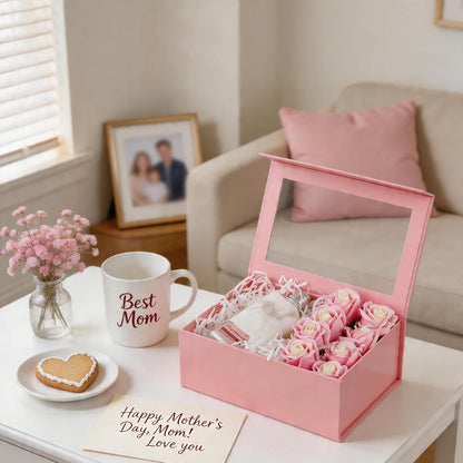 Pink Gift Box with Window, 9x6.5x3.8 Inches, Clear Gift Box for Present Contains Ribbon, Card, Bridesmaid Proposal Box with Magnetic Lid (Glossy Pink)