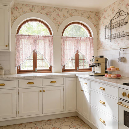 Pink Lace Kitchen Curtain Swag Floral Sheer Curtain Valance