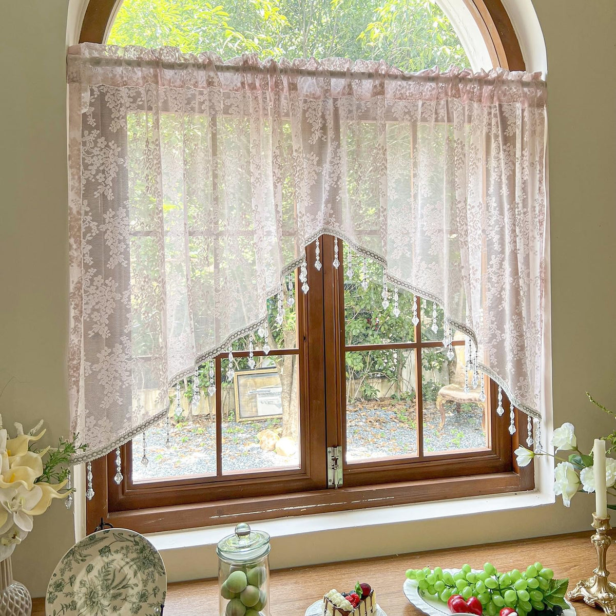 Pink Lace Kitchen Curtain Swag Floral Sheer Curtain Valance