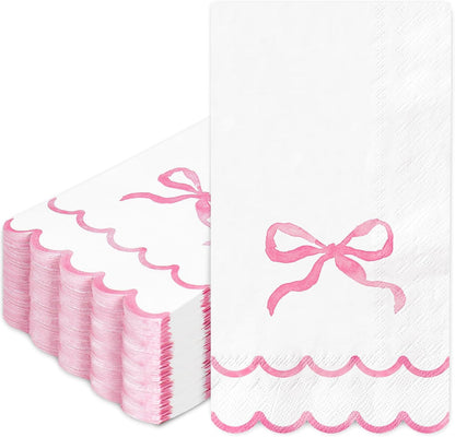 Whaline 50Pcs Watercolor Bow Guest Napkins Pink Scalloped Disposable Paper Napkins Dinner Hand Napkin Towel for Coquette Birthday Baby Shower Party Table Bathroom Supplies