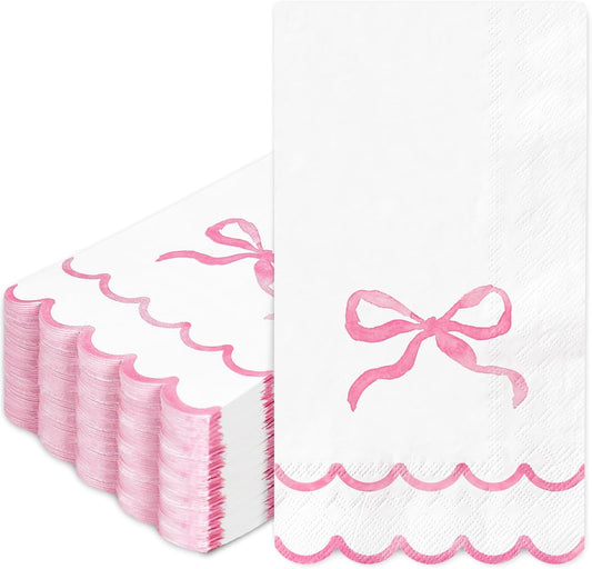Whaline 50Pcs Watercolor Bow Guest Napkins Pink Scalloped Disposable Paper Napkins Dinner Hand Napkin Towel for Coquette Birthday Baby Shower Party Table Bathroom Supplies
