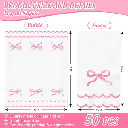 Whaline 50Pcs Watercolor Bow Guest Napkins Pink Scalloped Disposable Paper Napkins Dinner Hand Napkin Towel for Coquette Birthday Baby Shower Party Table Bathroom Supplies