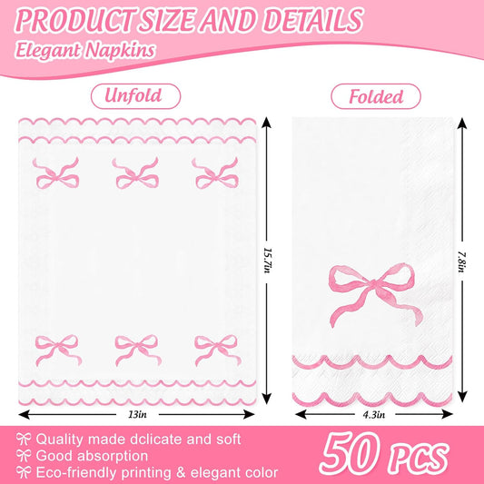 Whaline 50Pcs Watercolor Bow Guest Napkins Pink Scalloped Disposable Paper Napkins Dinner Hand Napkin Towel for Coquette Birthday Baby Shower Party Table Bathroom Supplies