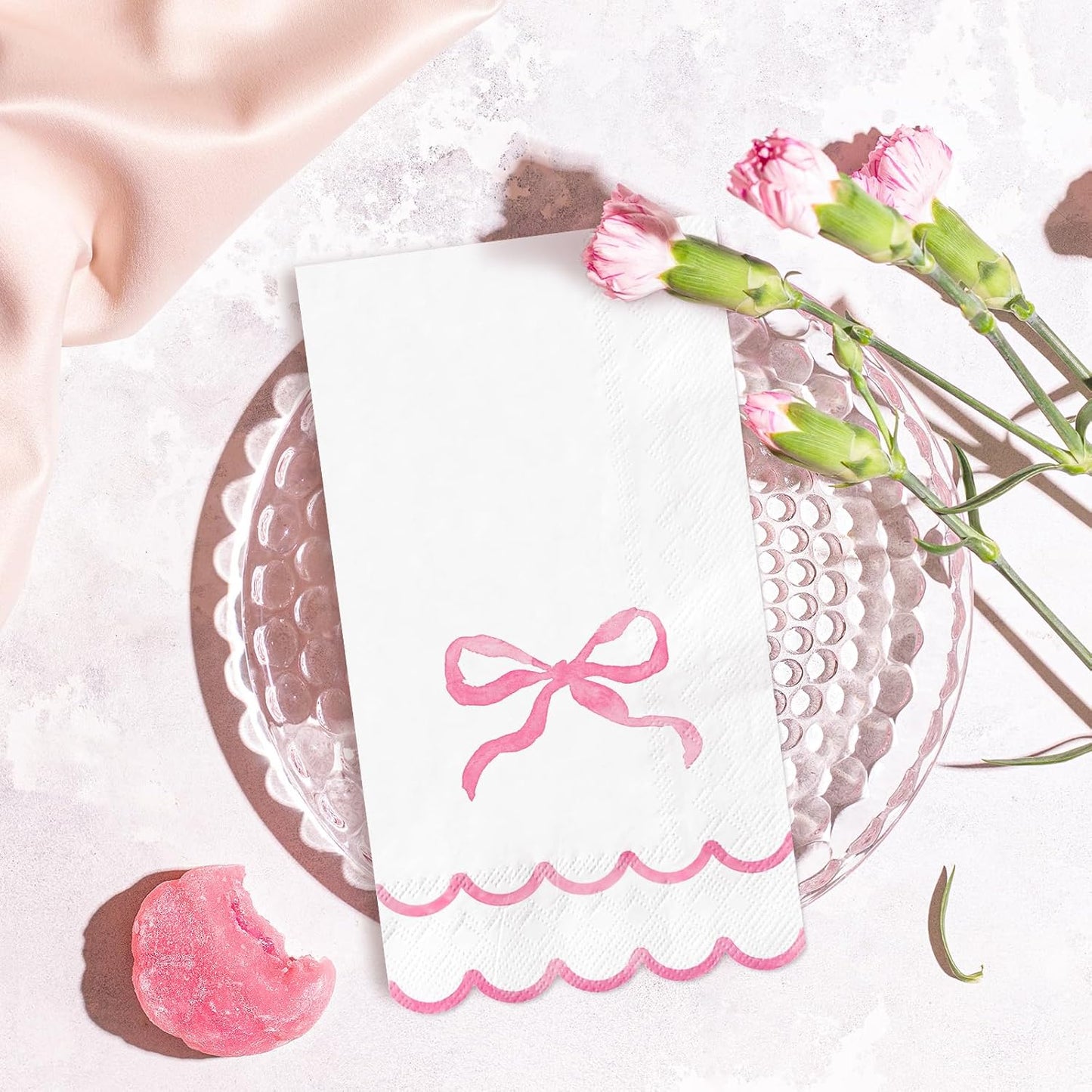 Whaline 50Pcs Watercolor Bow Guest Napkins Pink Scalloped Disposable Paper Napkins Dinner Hand Napkin Towel for Coquette Birthday Baby Shower Party Table Bathroom Supplies