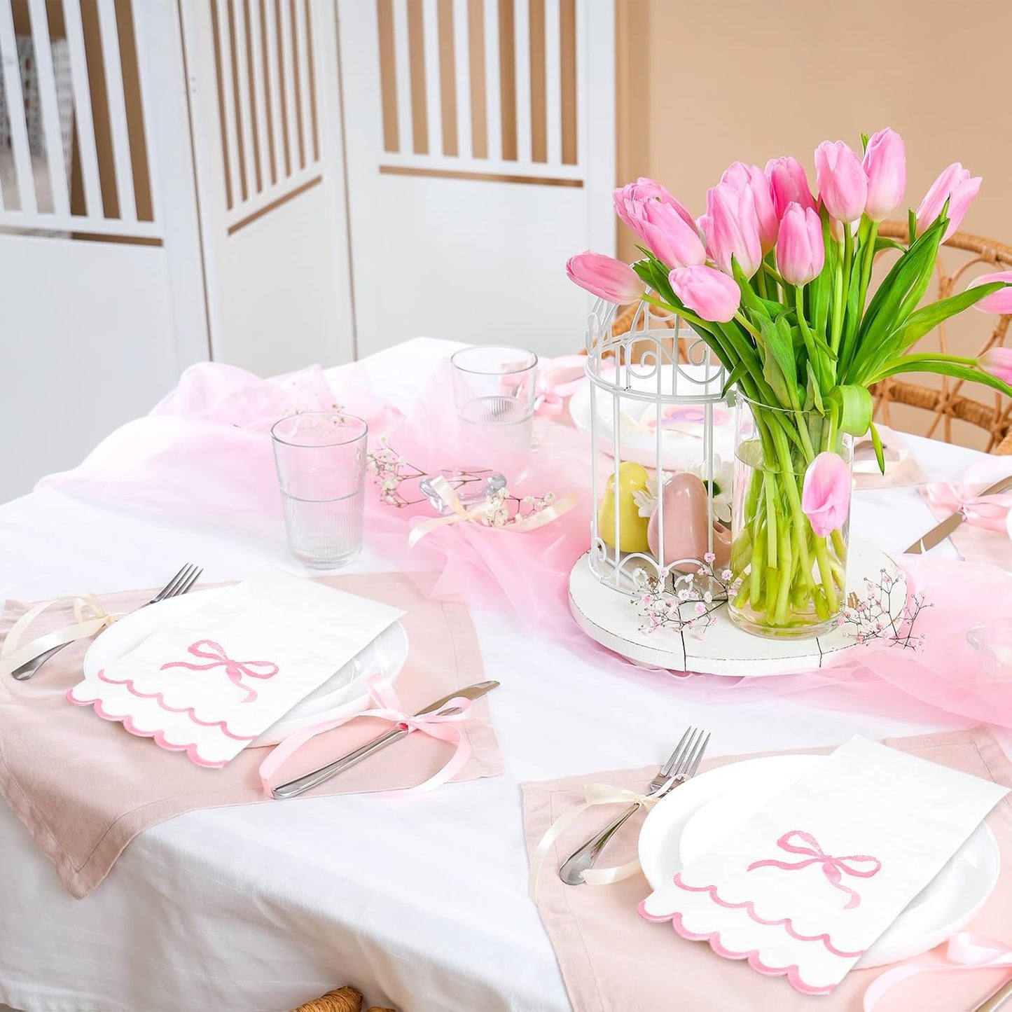 Whaline 50Pcs Watercolor Bow Guest Napkins Pink Scalloped Disposable Paper Napkins Dinner Hand Napkin Towel for Coquette Birthday Baby Shower Party Table Bathroom Supplies