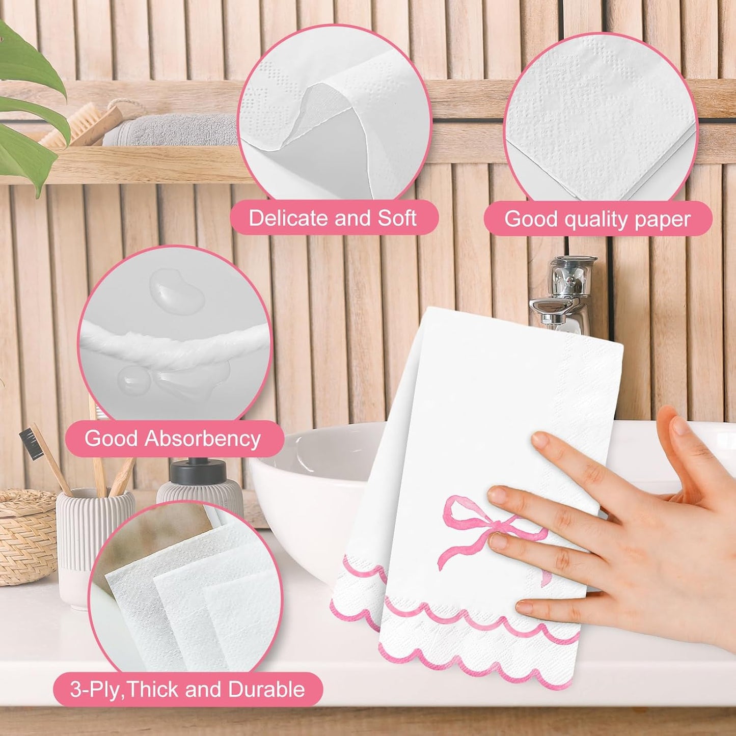 Whaline 50Pcs Watercolor Bow Guest Napkins Pink Scalloped Disposable Paper Napkins Dinner Hand Napkin Towel for Coquette Birthday Baby Shower Party Table Bathroom Supplies