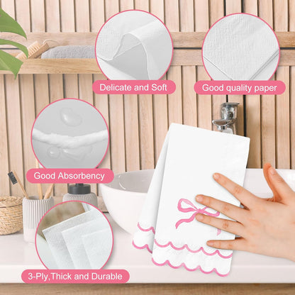 Whaline 50Pcs Watercolor Bow Guest Napkins Pink Scalloped Disposable Paper Napkins Dinner Hand Napkin Towel for Coquette Birthday Baby Shower Party Table Bathroom Supplies