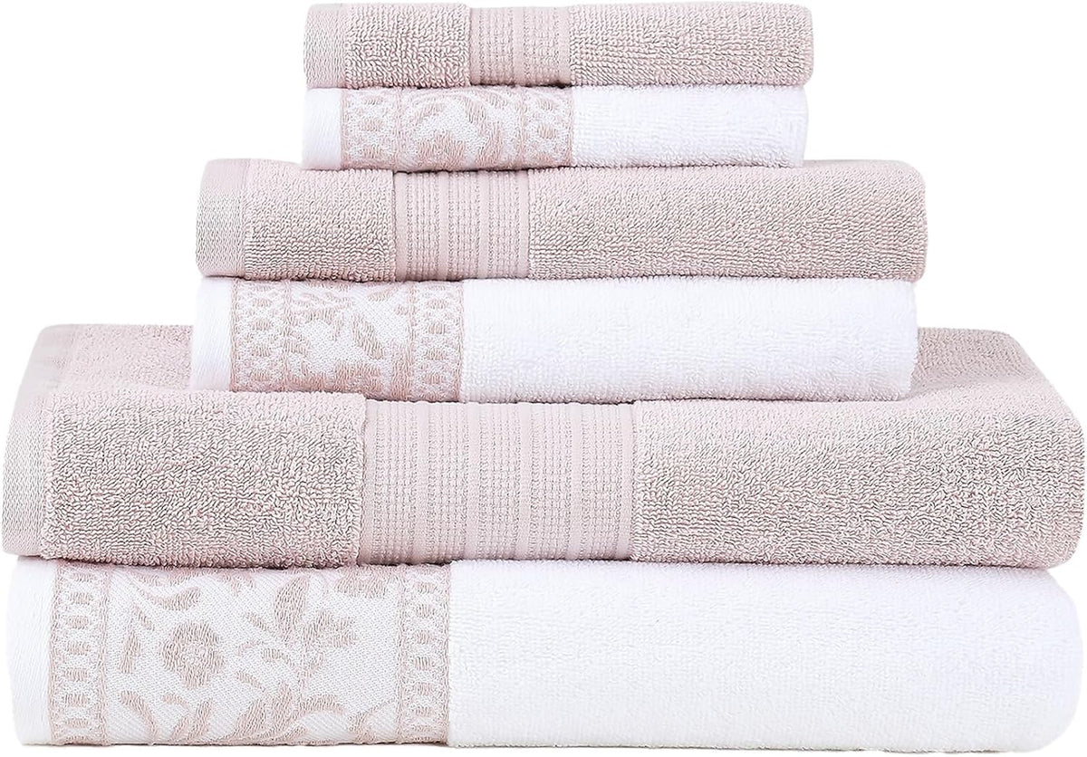 Allie 6-Piece 100% Cotton Towel Set – Jacquard Floral Border – Includes 2 Bath Towels, 2 Hand Towels, 2 Washcloths – Absorbent, Quick Dry, Soft & Durable – Blush Pink