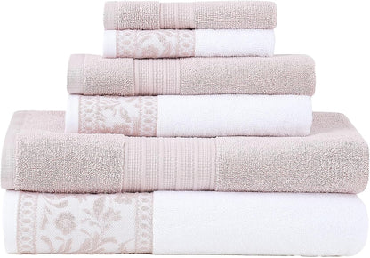 Allie 6-Piece 100% Cotton Towel Set – Jacquard Floral Border – Includes 2 Bath Towels, 2 Hand Towels, 2 Washcloths – Absorbent, Quick Dry, Soft & Durable – Blush Pink