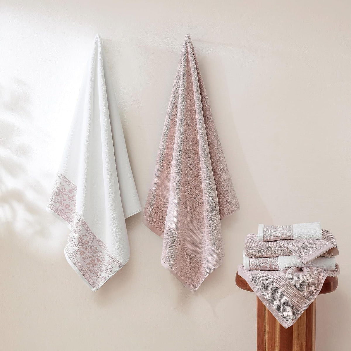 Allie 6-Piece 100% Cotton Towel Set – Jacquard Floral Border – Includes 2 Bath Towels, 2 Hand Towels, 2 Washcloths – Absorbent, Quick Dry, Soft & Durable – Blush Pink