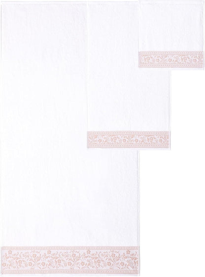 Allie 6-Piece 100% Cotton Towel Set – Jacquard Floral Border – Includes 2 Bath Towels, 2 Hand Towels, 2 Washcloths – Absorbent, Quick Dry, Soft & Durable – Blush Pink