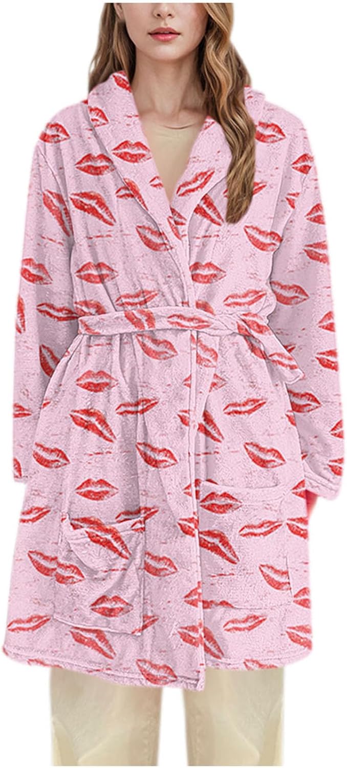 Womens Robes Plush Fleece Flannel Bathrobe Lip Print Mid-Length Nightgown with Pockets and Belt Fluffy Sleepwear