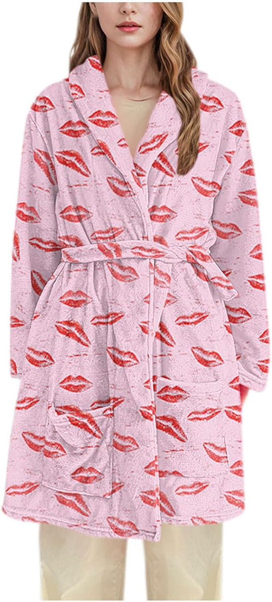 Womens Robes Plush Fleece Flannel Bathrobe Lip Print Mid-Length Nightgown with Pockets and Belt Fluffy Sleepwear