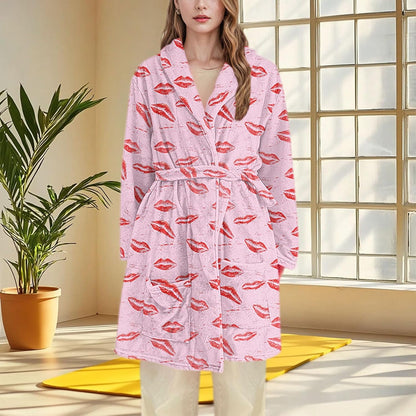 Womens Robes Plush Fleece Flannel Bathrobe Lip Print Mid-Length Nightgown with Pockets and Belt Fluffy Sleepwear