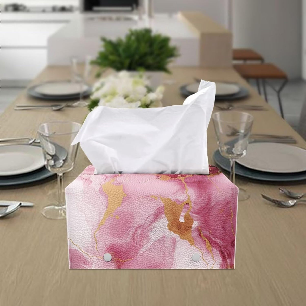 Pink Marble Print Rectangle Tissue Box Cover Modern PU Leather Rectangular Tissue Box Lightweight Waterproof Tissue Cover Decorative Organizer for Bathroom Vanity Countertop