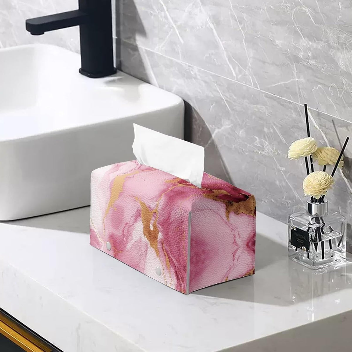 Pink Marble Print Rectangle Tissue Box Cover Modern PU Leather Rectangular Tissue Box Lightweight Waterproof Tissue Cover Decorative Organizer for Bathroom Vanity Countertop