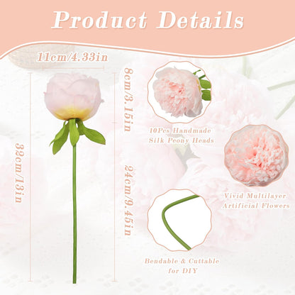 10PCS Artificial Peony Flowers, Real Touch Fake Silk Bouquet with Stems for Home Mothers Day Wedding Party Centerpieces Table Decoration Indoor(Light Pink)