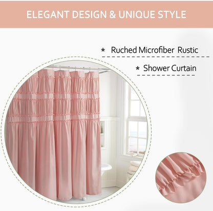 Ruched Ruffled Shower Curtain 72" W x 72" H, Peach Pink Microfiber Rustic Decorative Bath Curtain for Bathroom, Farmhouse and Boho Bathroom Décor, Machine Washable (LQ-38)