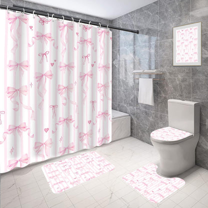 4 PCs Pink Bow Bathroom Set with Shower Curtain 60x72 Inch, Girls Bath Decor for Kids Room, Aesthetic Preppy Print, Includes Non-Slip Bath Mat U-Shaped Rug and Toilet Lid Cover, 12 Hooks