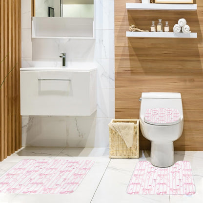 4 PCs Pink Bow Bathroom Set with Shower Curtain 60x72 Inch, Girls Bath Decor for Kids Room, Aesthetic Preppy Print, Includes Non-Slip Bath Mat U-Shaped Rug and Toilet Lid Cover, 12 Hooks