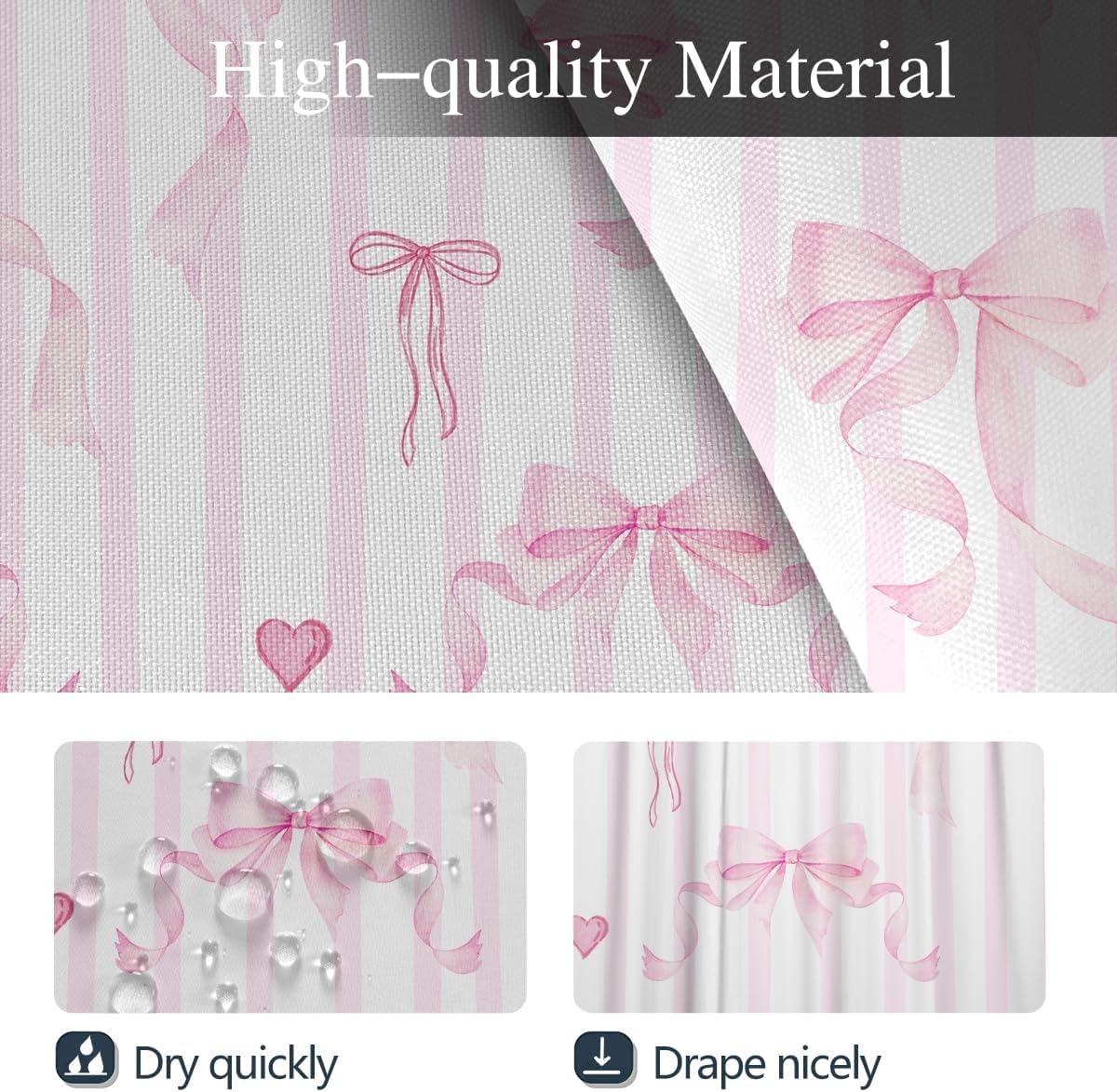 4 PCs Pink Bow Bathroom Set with Shower Curtain 60x72 Inch, Girls Bath Decor for Kids Room, Aesthetic Preppy Print, Includes Non-Slip Bath Mat U-Shaped Rug and Toilet Lid Cover, 12 Hooks