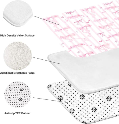 4 PCs Pink Bow Bathroom Set with Shower Curtain 60x72 Inch, Girls Bath Decor for Kids Room, Aesthetic Preppy Print, Includes Non-Slip Bath Mat U-Shaped Rug and Toilet Lid Cover, 12 Hooks