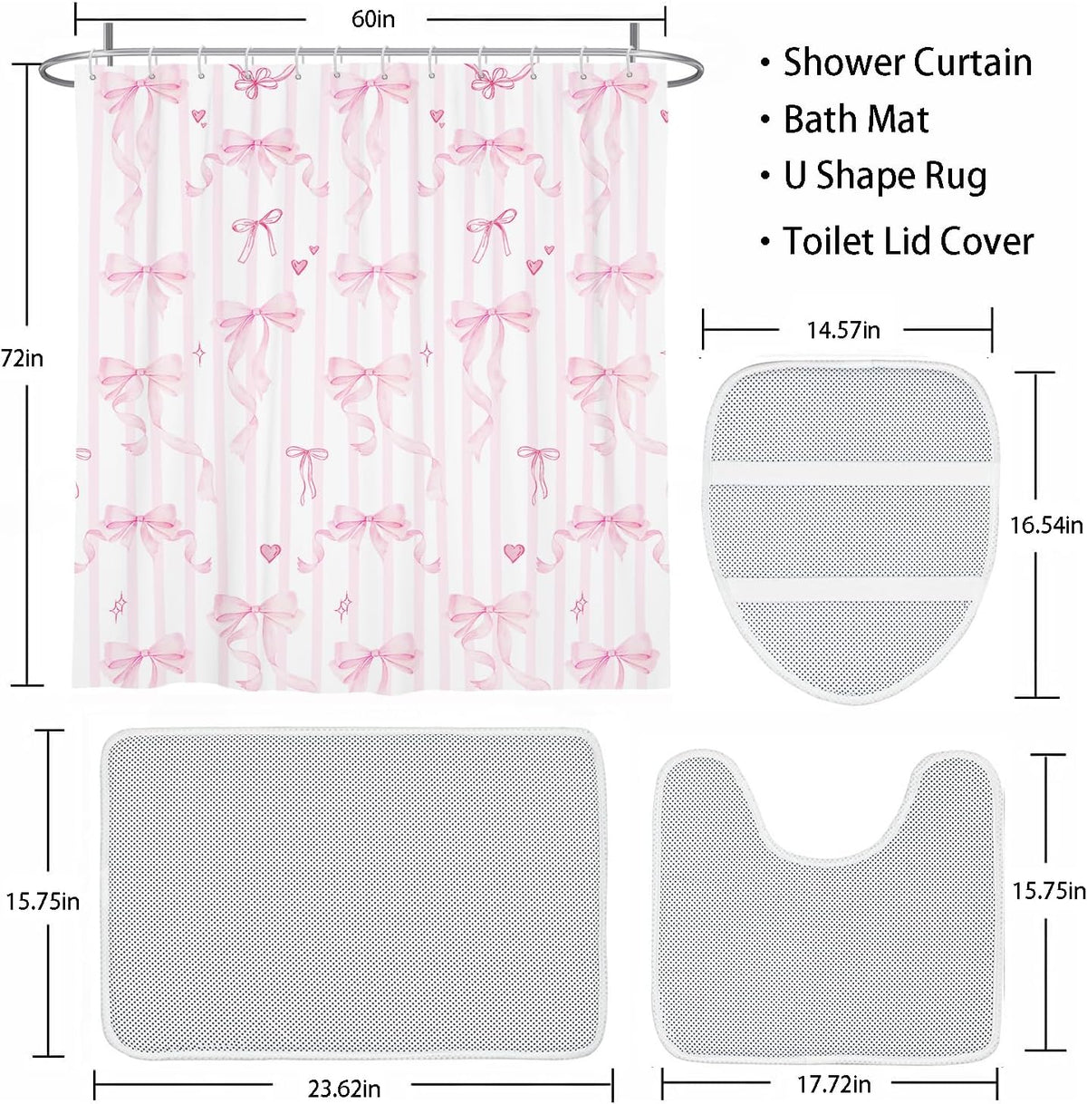 4 PCs Pink Bow Bathroom Set with Shower Curtain 60x72 Inch, Girls Bath Decor for Kids Room, Aesthetic Preppy Print, Includes Non-Slip Bath Mat U-Shaped Rug and Toilet Lid Cover, 12 Hooks