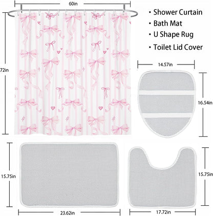 4 PCs Pink Bow Bathroom Set with Shower Curtain 60x72 Inch, Girls Bath Decor for Kids Room, Aesthetic Preppy Print, Includes Non-Slip Bath Mat U-Shaped Rug and Toilet Lid Cover, 12 Hooks
