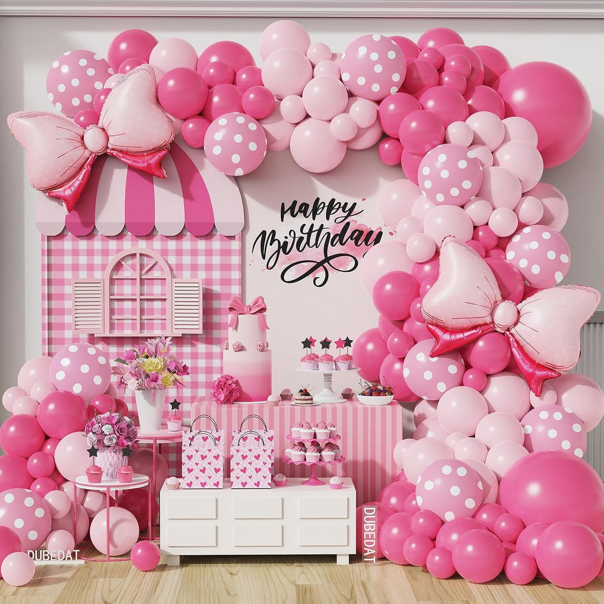 Pink Balloon Garland Arch Kit with Large Bow Balloons Pink Rose Polka Dot