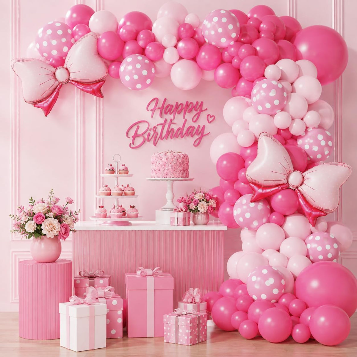 Pink Balloon Garland Arch Kit with Large Bow Balloons Pink Rose Polka Dot
