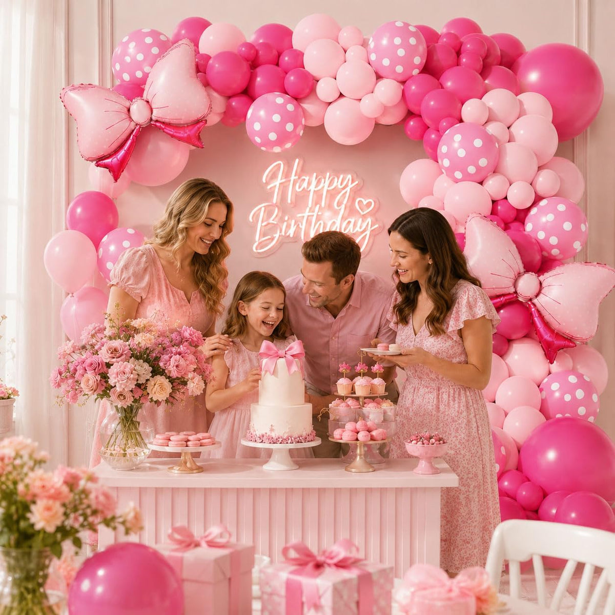 Pink Balloon Garland Arch Kit with Large Bow Balloons Pink Rose Polka Dot
