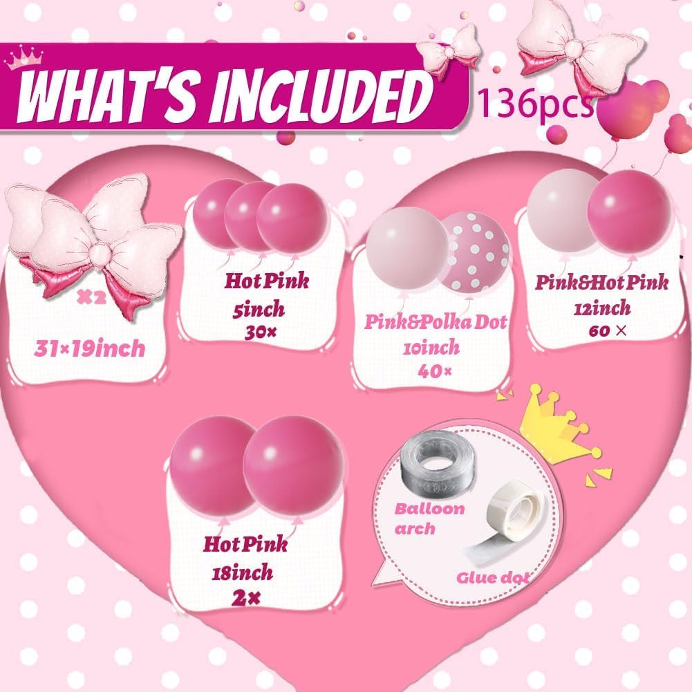 Pink Balloon Garland Arch Kit with Large Bow Balloons Pink Rose Polka Dot