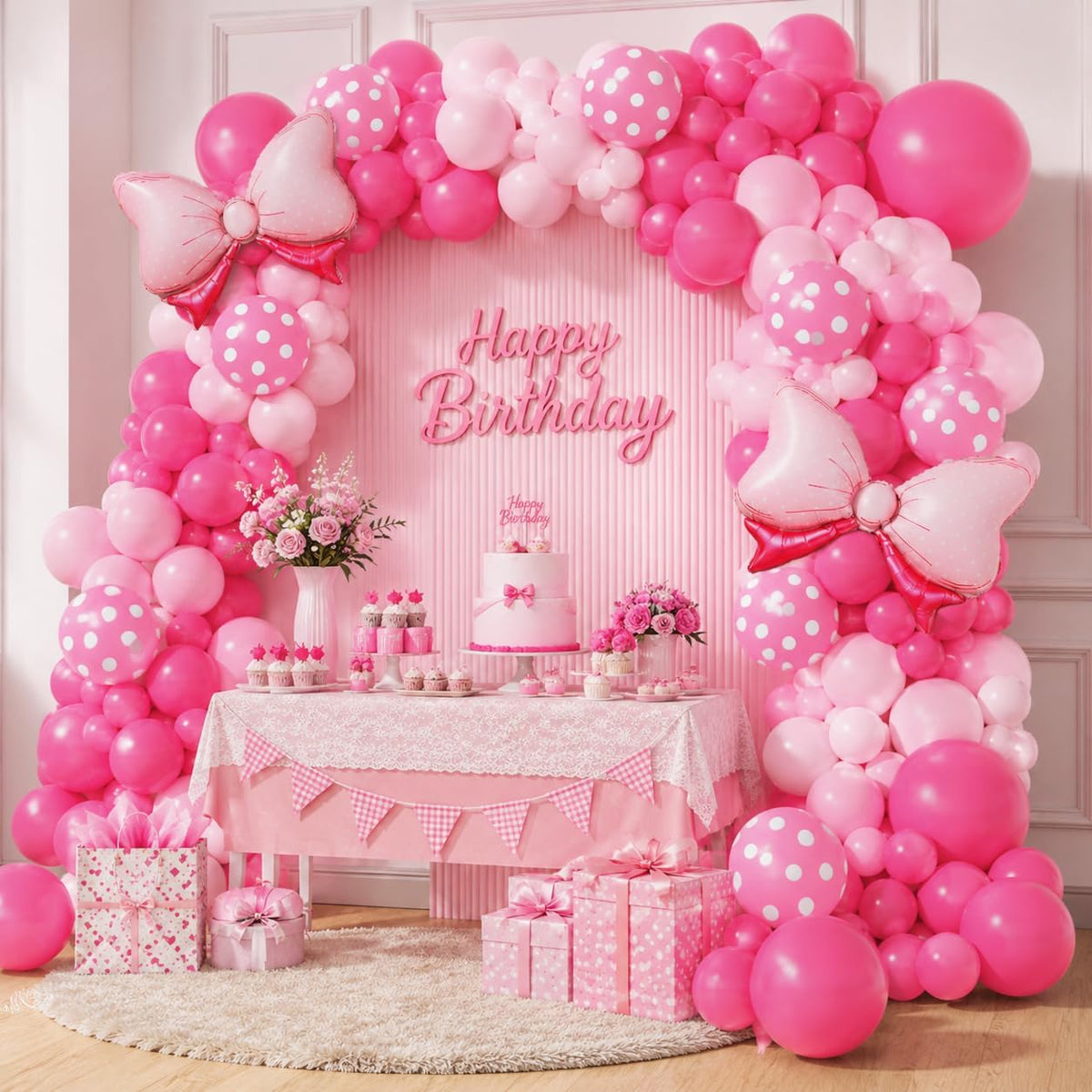 Pink Balloon Garland Arch Kit with Large Bow Balloons Pink Rose Polka Dot