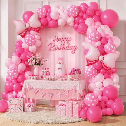Pink Balloon Garland Arch Kit with Large Bow Balloons Pink Rose Polka Dot
