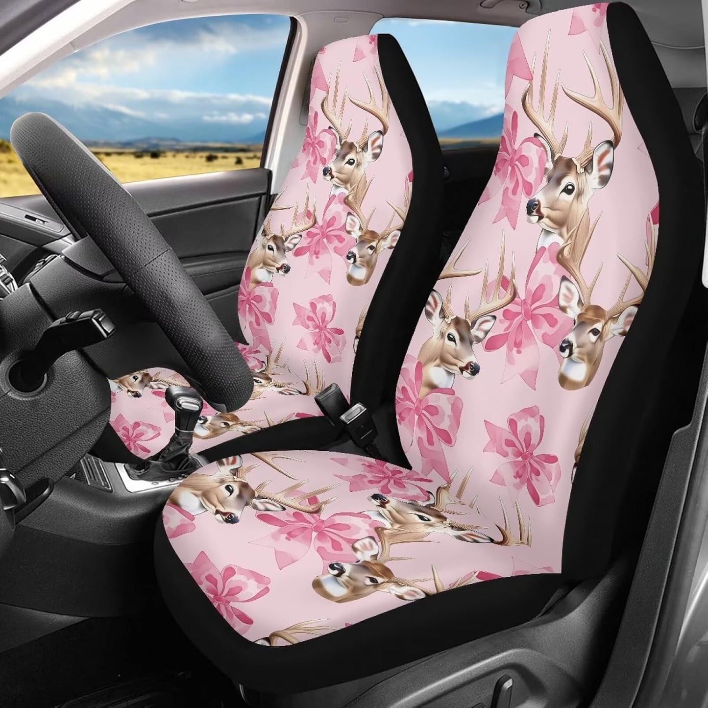 Deer with Pink Bow Print Car Seat Covers Front Seats Only