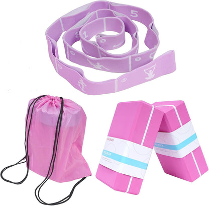 Yoga Blocks 2 Pack with Elastic Stretch Band & Bag – High Density Foam Yoga Blocks for Stability, Deep Stretching & Balance, 12-Loop Resistance Strap for Yoga, Pilates, Dance & Flexibility Training