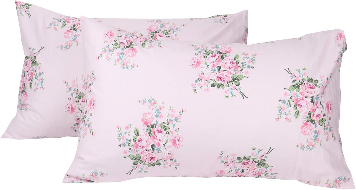 2 Pack Pink Floral Pillowcase Standard Size, 100% Cotton 600 Thread Count Pillow Covers, 20x30 Inches
