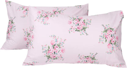 2 Pack Pink Floral Pillowcase Standard Size, 100% Cotton 600 Thread Count Pillow Covers, 20x30 Inches