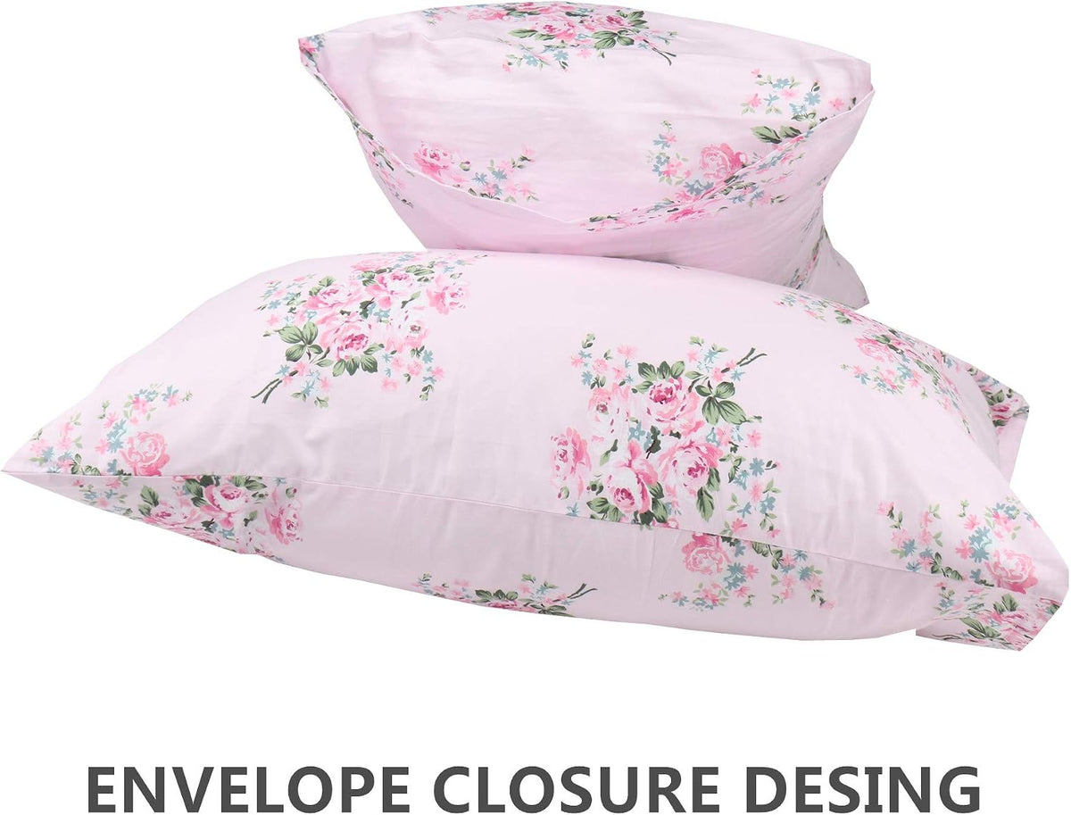 2 Pack Pink Floral Pillowcase Standard Size, 100% Cotton 600 Thread Count Pillow Covers, 20x30 Inches