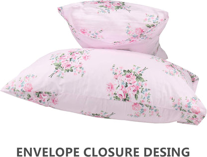 2 Pack Pink Floral Pillowcase Standard Size, 100% Cotton 600 Thread Count Pillow Covers, 20x30 Inches