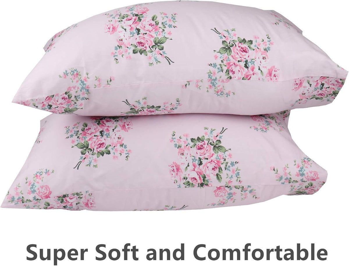2 Pack Pink Floral Pillowcase Standard Size, 100% Cotton 600 Thread Count Pillow Covers, 20x30 Inches