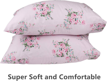2 Pack Pink Floral Pillowcase Standard Size, 100% Cotton 600 Thread Count Pillow Covers, 20x30 Inches