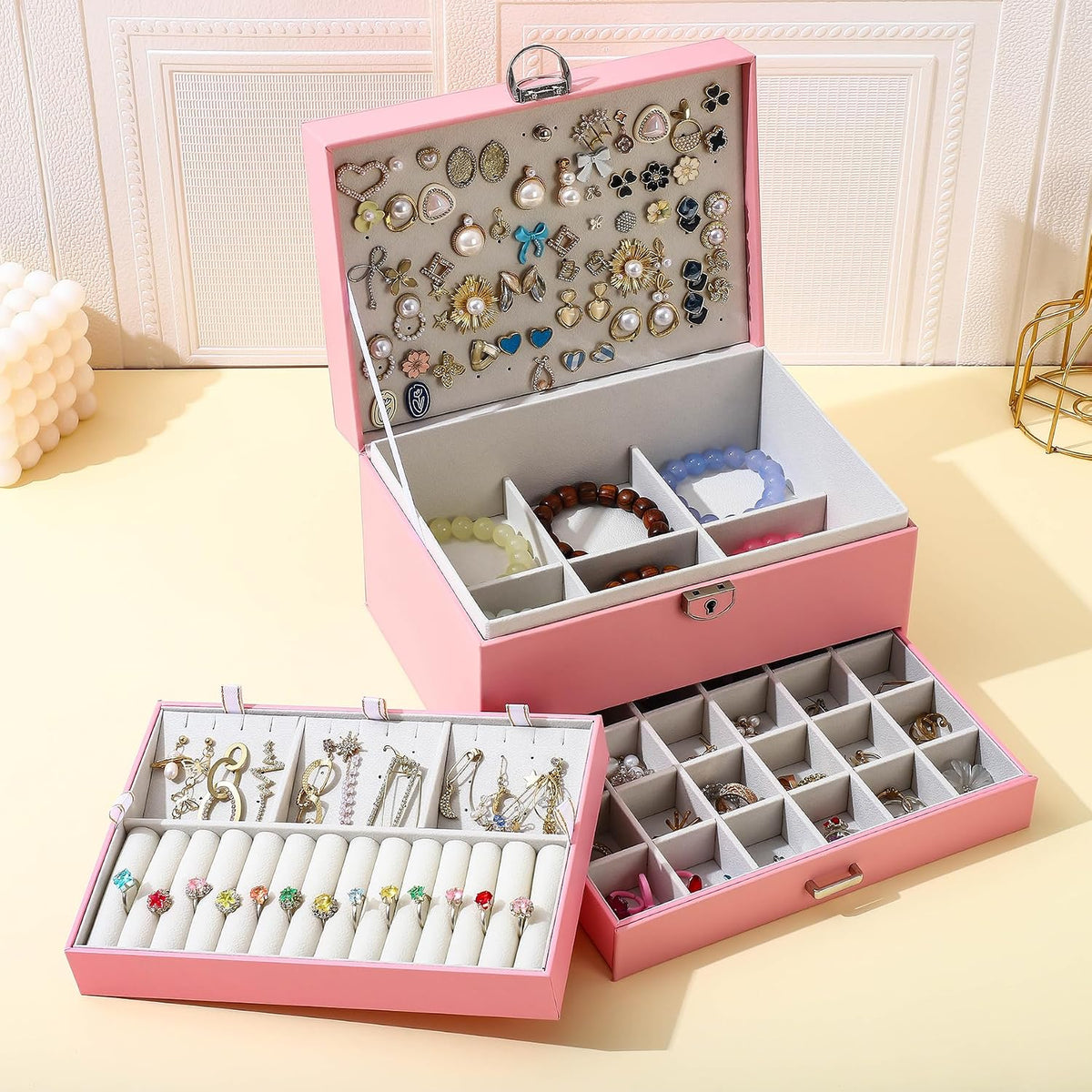 Large Jewelry Boxes For Women (Pink, 5 Layer)