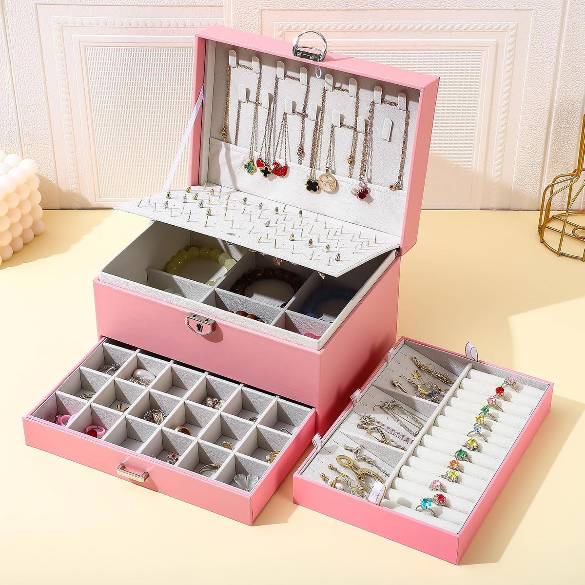 Large Jewelry Boxes For Women (Pink, 5 Layer)