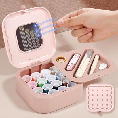 Small Sewing Kit Box: Cute Portable 2-Layer Organizer Magnetic Needle and Thread Kits Holder Basic Case - Home Clothes Repair for Beginners (Pink)