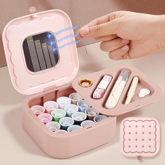Small Sewing Kit Box: Cute Portable 2-Layer Organizer Magnetic Needle and Thread Kits Holder Basic Case - Home Clothes Repair for Beginners (Pink)